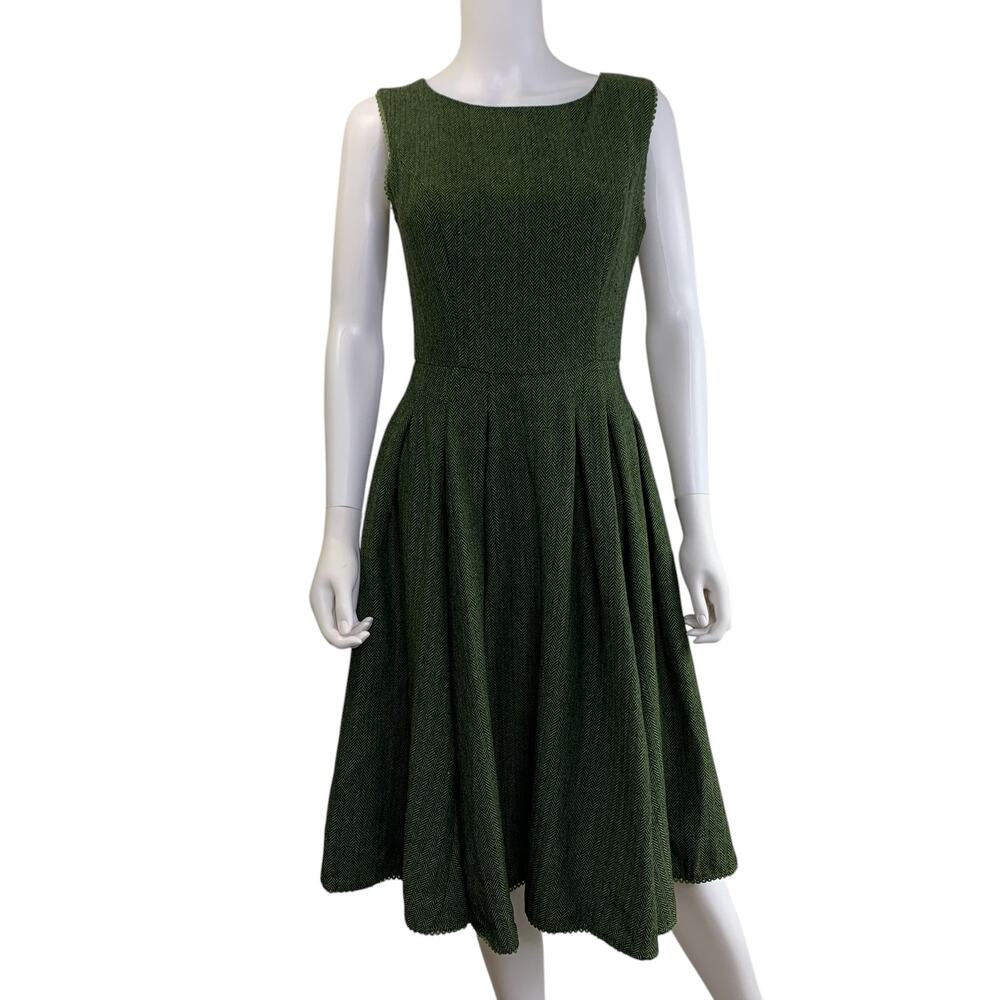 Modcloth x Collectif Dress Size XS US 4 UK8 Herringbone Fit Flare Green Pockets